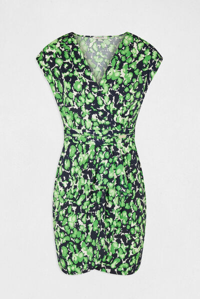 Draped fitted dress abstract print green ladies'