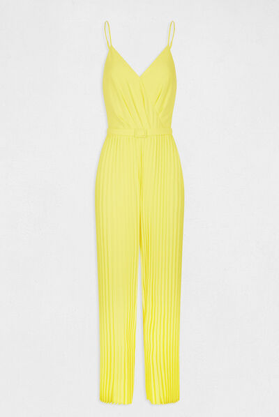 Wide leg pleated jumpsuit with open back yellow ladies'