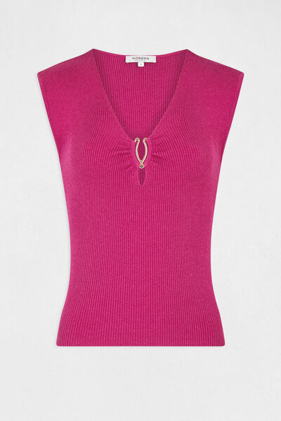 Short-sleeved jumper jewel detail neck raspberry ladies'