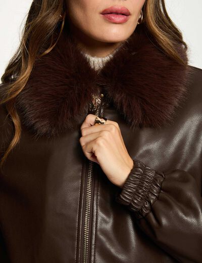 Short jacket with fur collar dark brown women