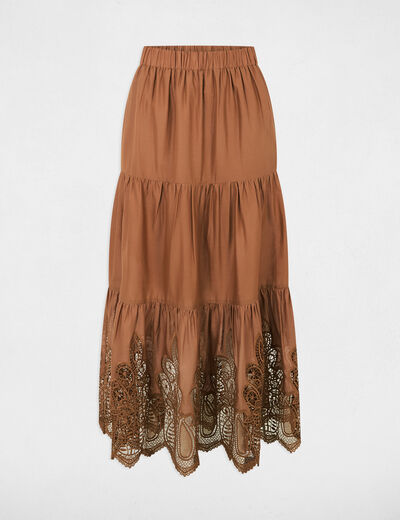 Maxi skirt lace detail cognac brown women