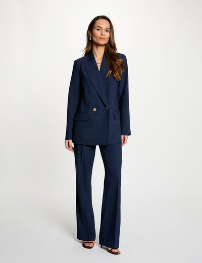 Checked straight blazer navy blue women