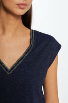T-shirt manches courtes à col en V marine femme