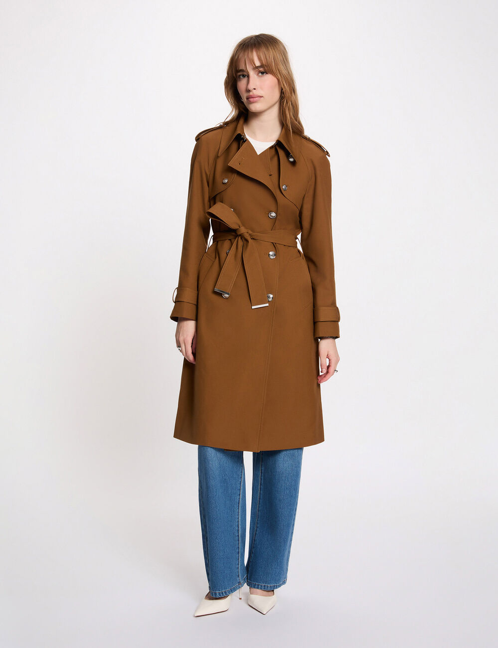 Long belted trench coat camel women