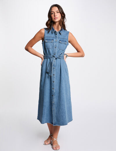 A-line midi denim dress stone wash denim women