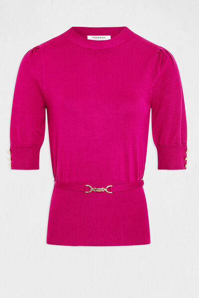 Short-sleeved jumper with metal ornament raspberry ladies'