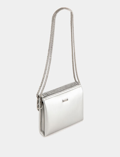 Metallised flap bag with rhinestones silver ladies'
