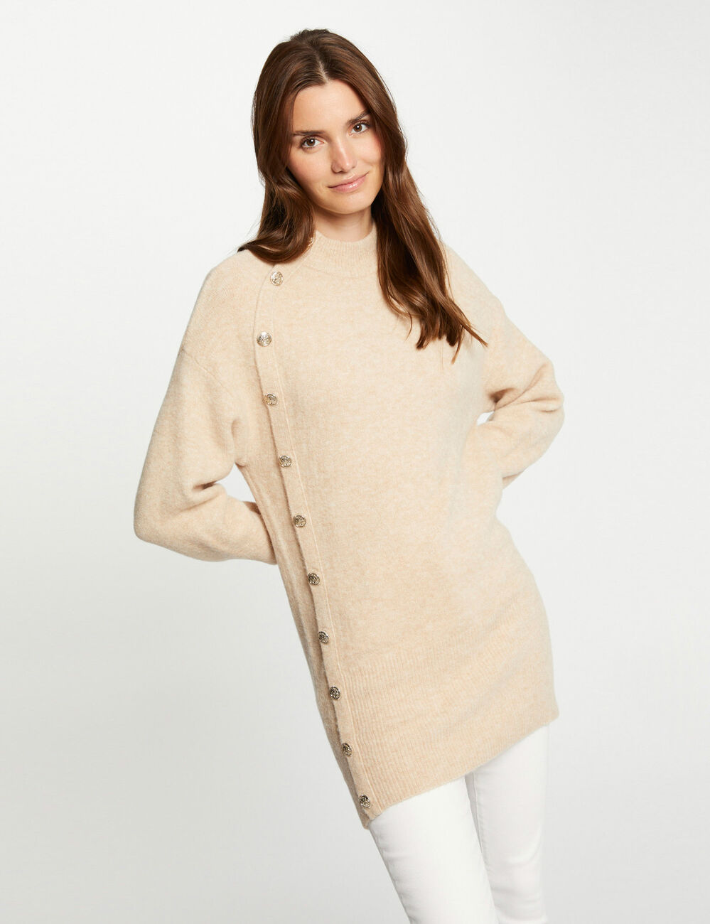 Mid-length jumper with long sleeves beige women