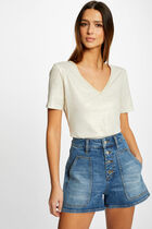 Short-sleeved t-shirt with V-neck ecru women