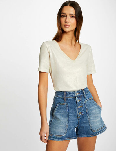 Short-sleeved t-shirt with V-neck ecru women