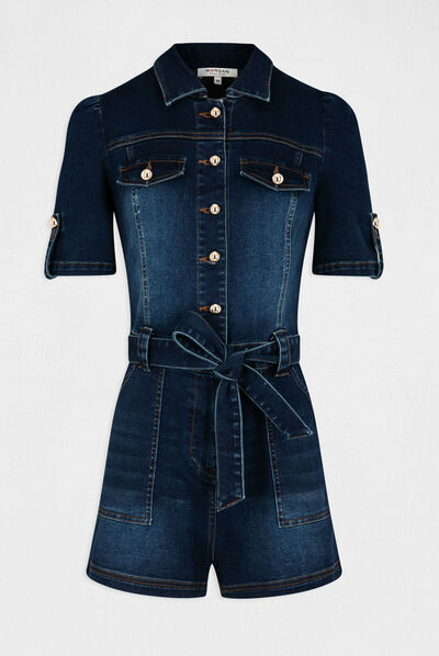 Belted buttoned playsuit raw denim ladies'