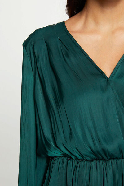 Satin long-sleeved blouse dark green ladies'