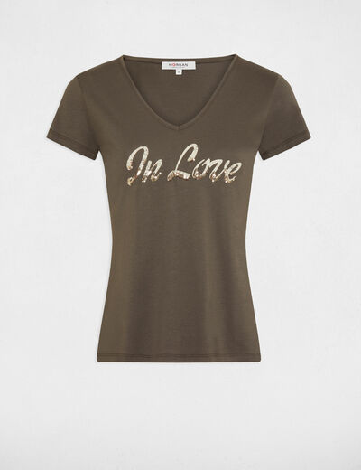 T-shirt message and sequins khaki green ladies'