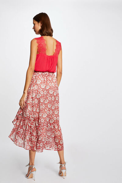 Midi A-line skirt with floral print red ladies'