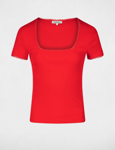 Short-sleeved ribbed t-shirt red ladies'