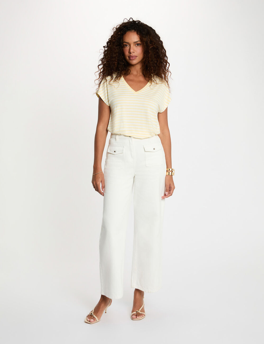 Striped v-neck t-shirt pastel yellow women