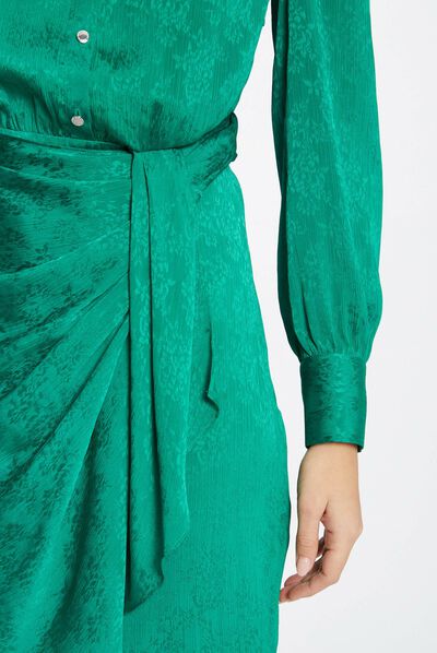 Printed satin draped straight dress green ladies'