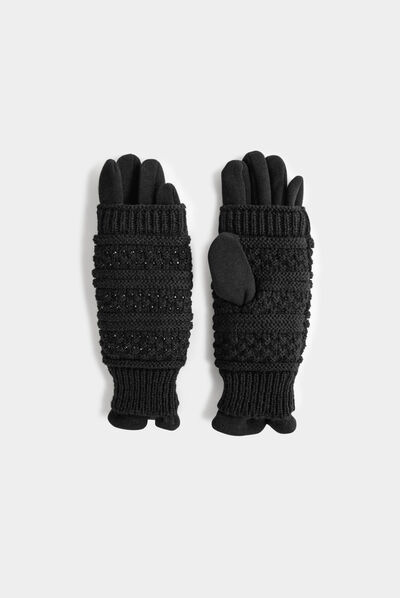 Knitted gloves with rhinestones black ladies'