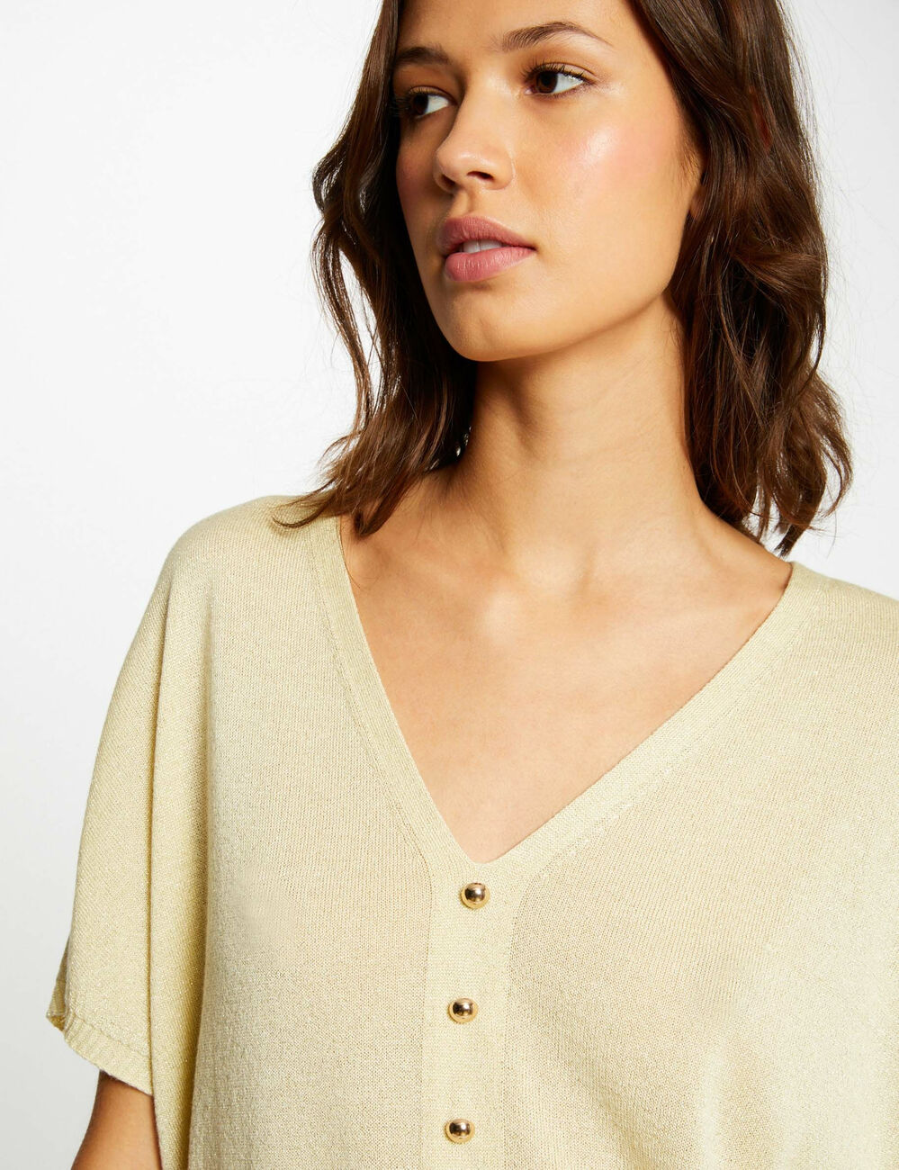 Short-sleeved jumper with buttons straw yellow women