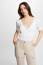 Jumper V-neck short sleeves ecru women