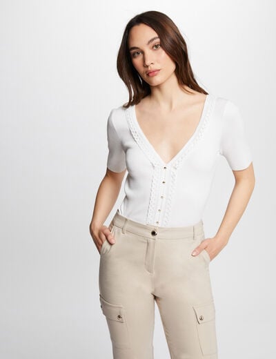 Jumper V-neck short sleeves ecru women