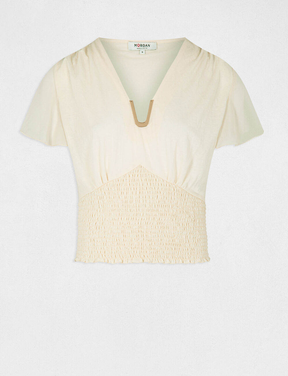 Smocked short-sleeved t-shirt medium ecru women