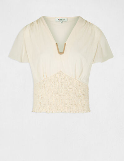 Smocked short-sleeved t-shirt medium ecru women