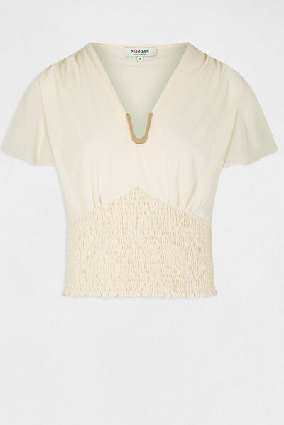 Smocked short-sleeved t-shirt medium ecru ladies'