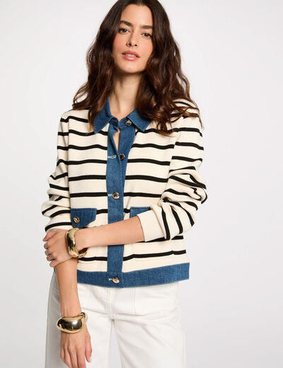 Striped cardigan lapel collar ivory women