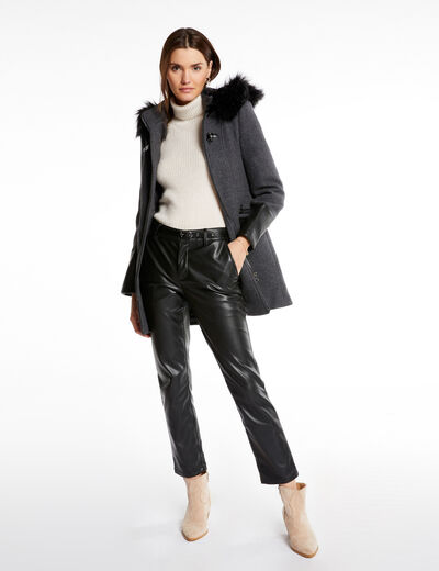 Straight zipped coat with hood anthracite grey ladies'