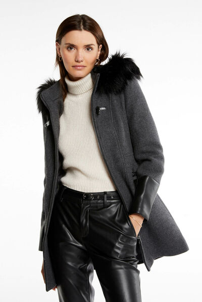 Straight zipped coat with hood anthracite grey ladies'