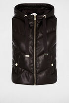 Faux leather padded jacket with hood dark brown women