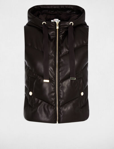 Faux leather padded jacket with hood dark brown women