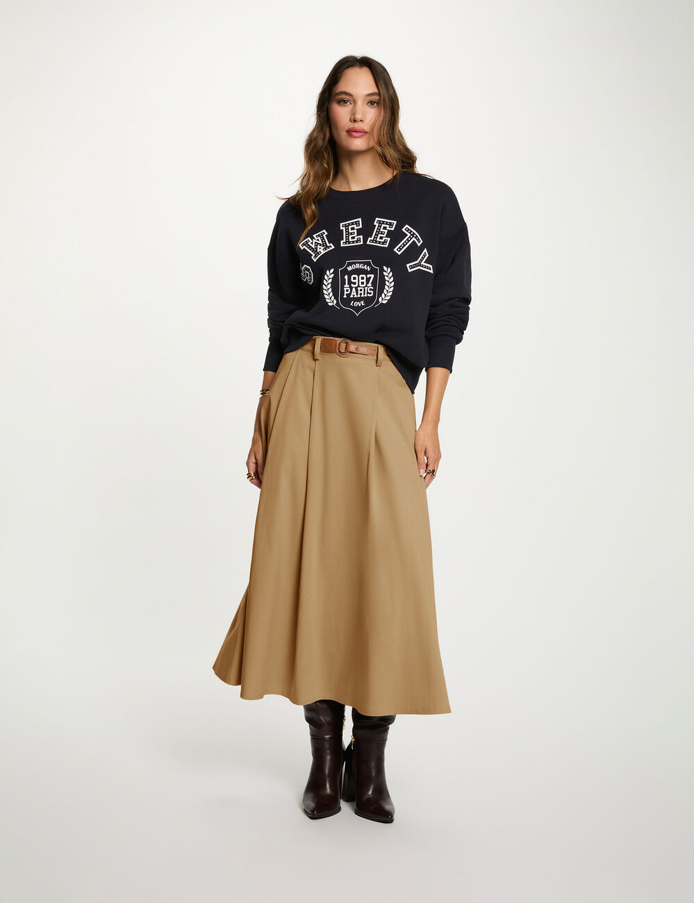 High-waisted flared skirt beige women