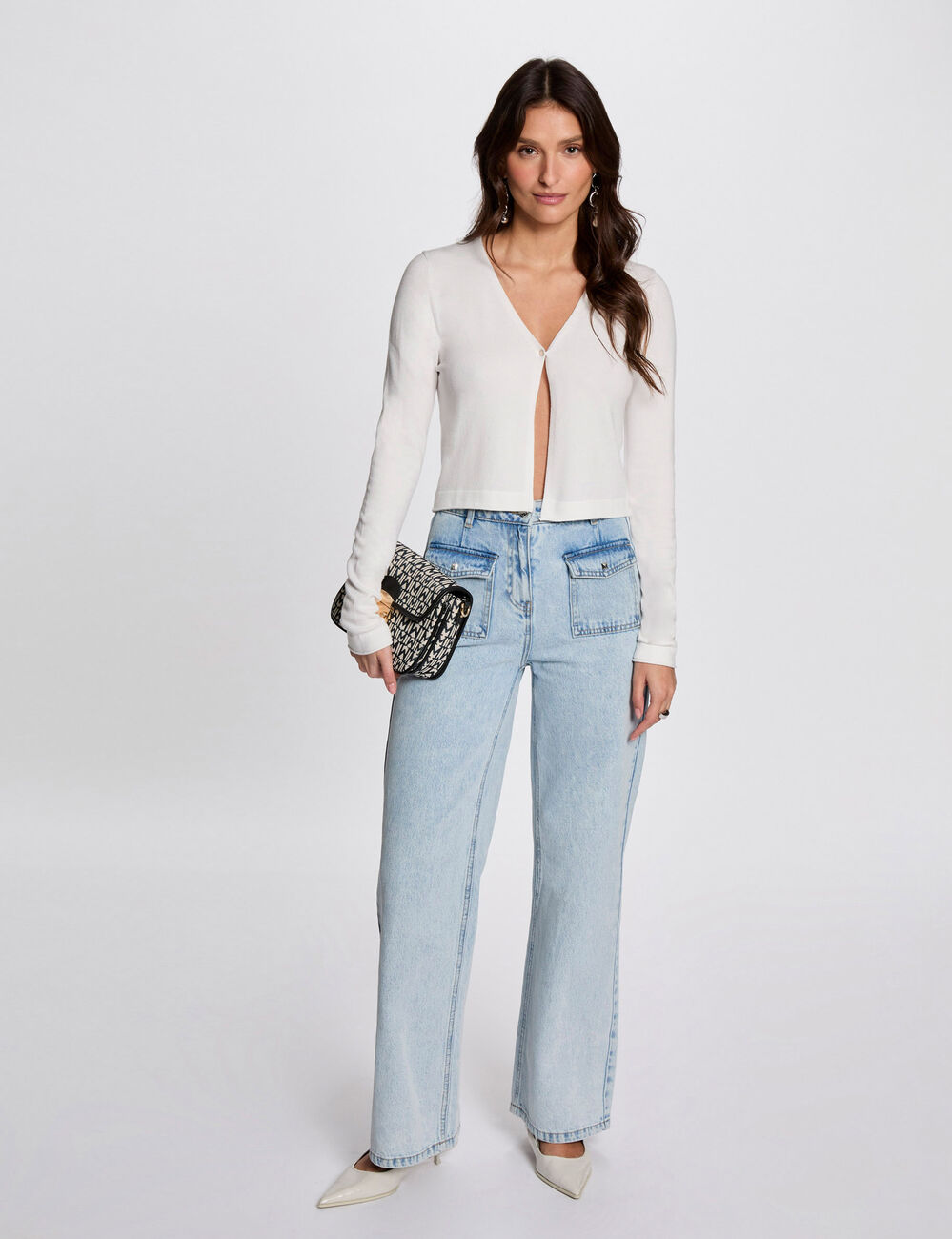 Long-sleeved cardigan with V-neck white women