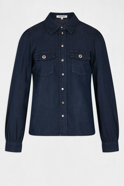 Long-sleeved denim shirt raw denim ladies'