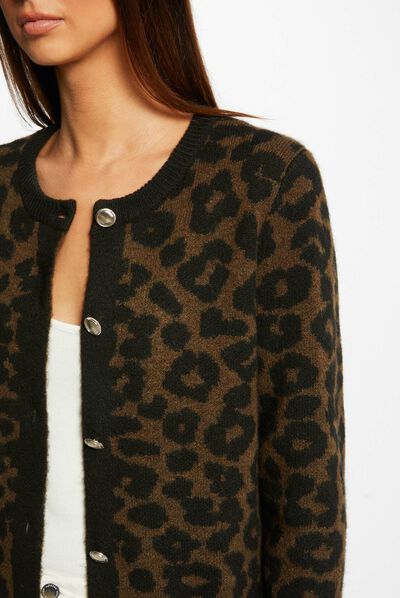 Mid-length cardigan leopard print black ladies'