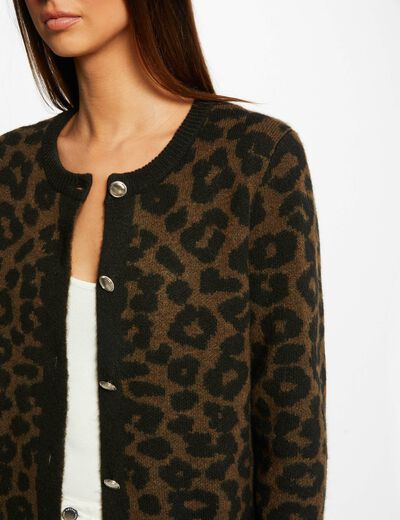 Mid-length cardigan leopard print black ladies'