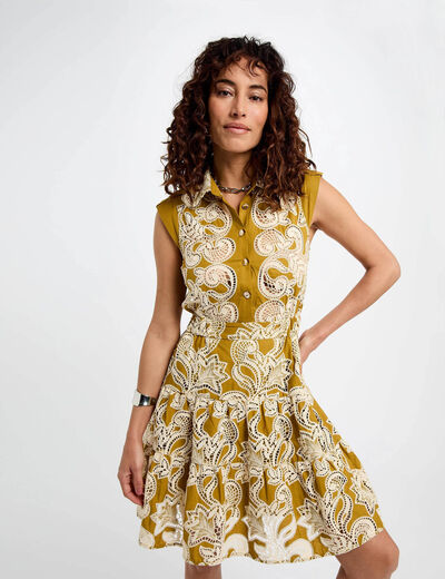 Embroidered A-line dress khaki green women