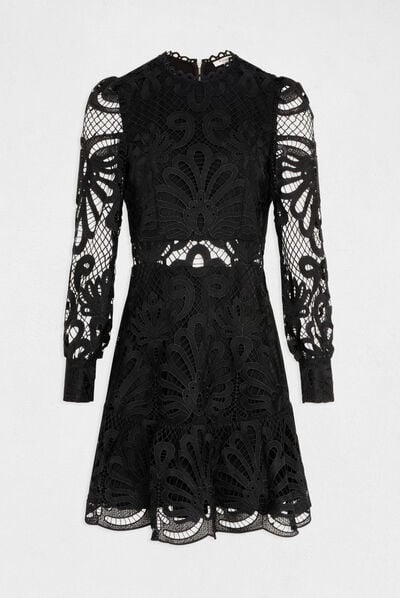 A-line dress in lace with ruffles black ladies'