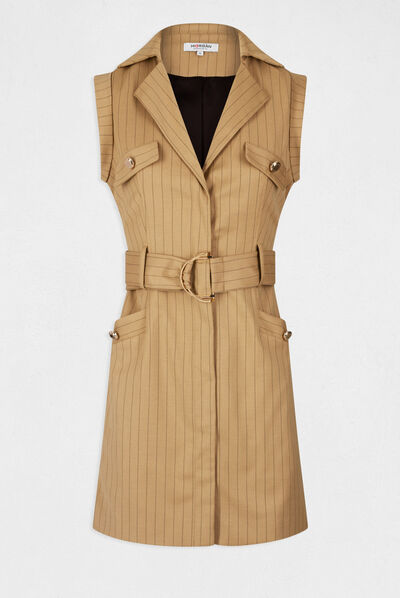 Straight belted dress with stripes sand ladies'