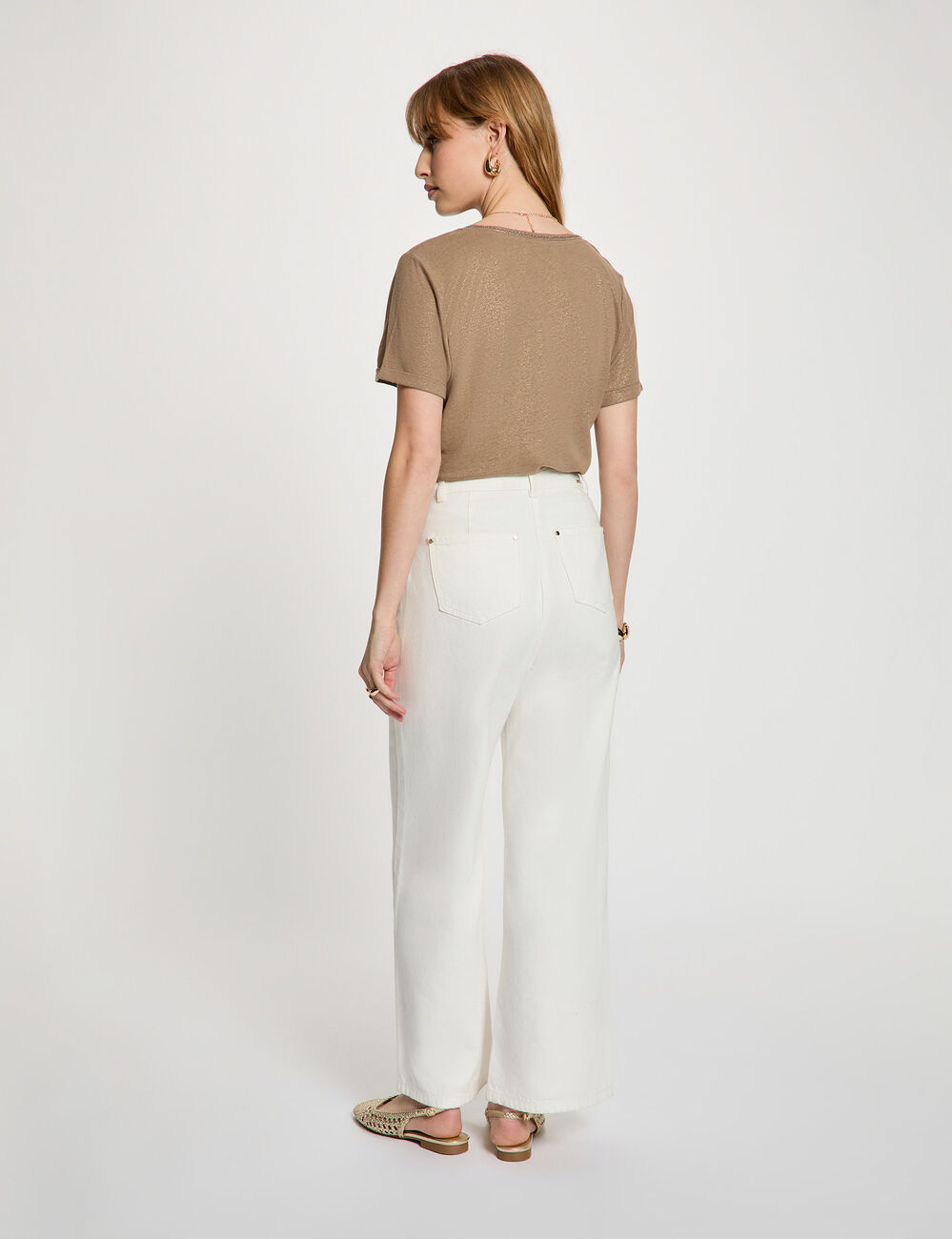 Pearl-embellished v-neck t-shirt taupe women