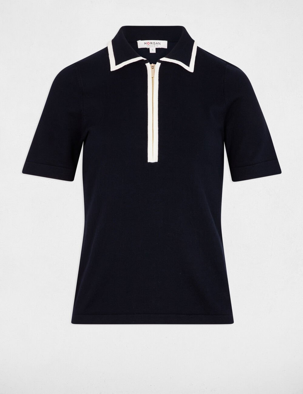 Pull col polo zippé bleu marine femme