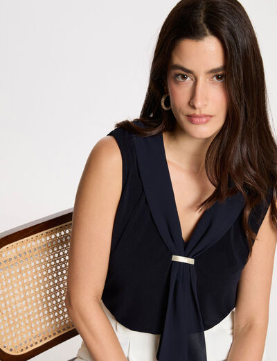 T-shirt with tie neck navy blue women