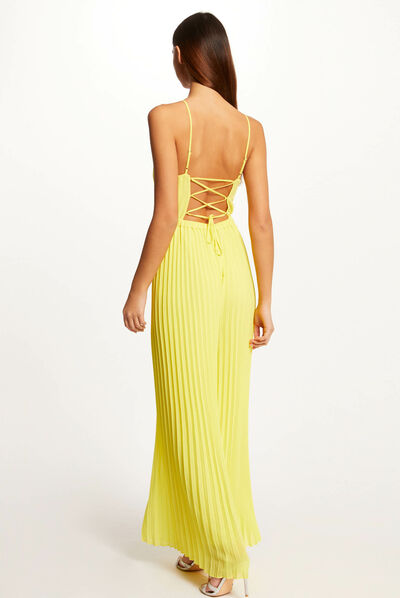 Wide leg pleated jumpsuit with open back yellow ladies'