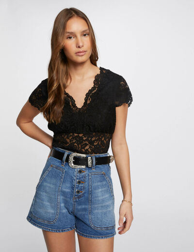 Lace t-shirt with V-neck black women