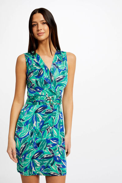 Fitted dress with ornament vegetal print green ladies'