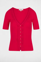 Jumper V-neck short sleeves raspberry women
