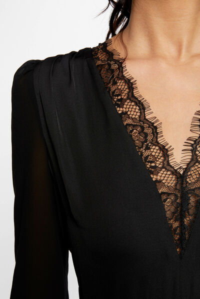Satin long-sleeved t-shirt with lace black ladies'