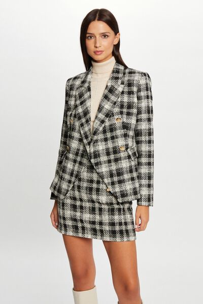 Checked waisted buttoned jacket black ladies'
